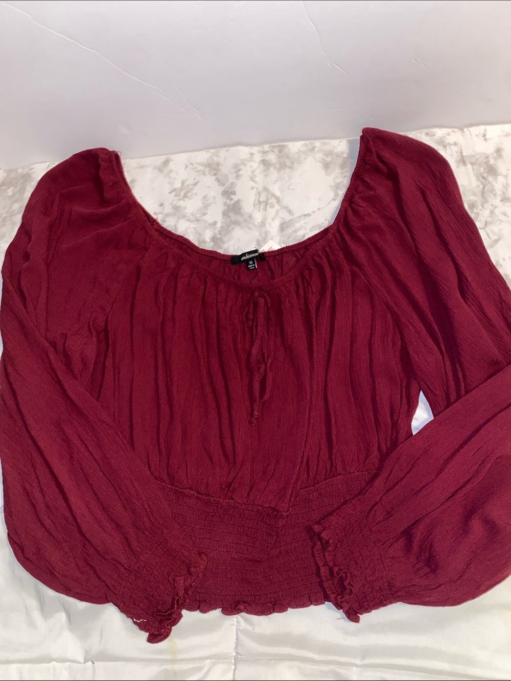 Women's Burgundy Smocked Waist Peasant Top - Unbranded